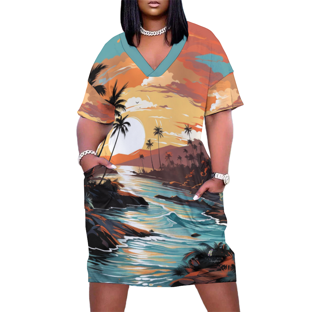 A person wearing an Ocean's Paradise Women's V-neck Dress with Pockets featuring a tropical beach print design.