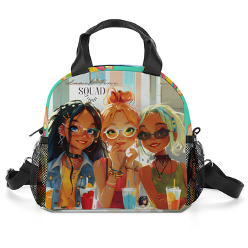 The Lunchtime Squad Insulated Lunch Bag features a thermal transfer print illustration of three girls with different hairstyles and outfits, each with a drink in front of them, sitting together. The word "SQUAD" is visible above their heads.