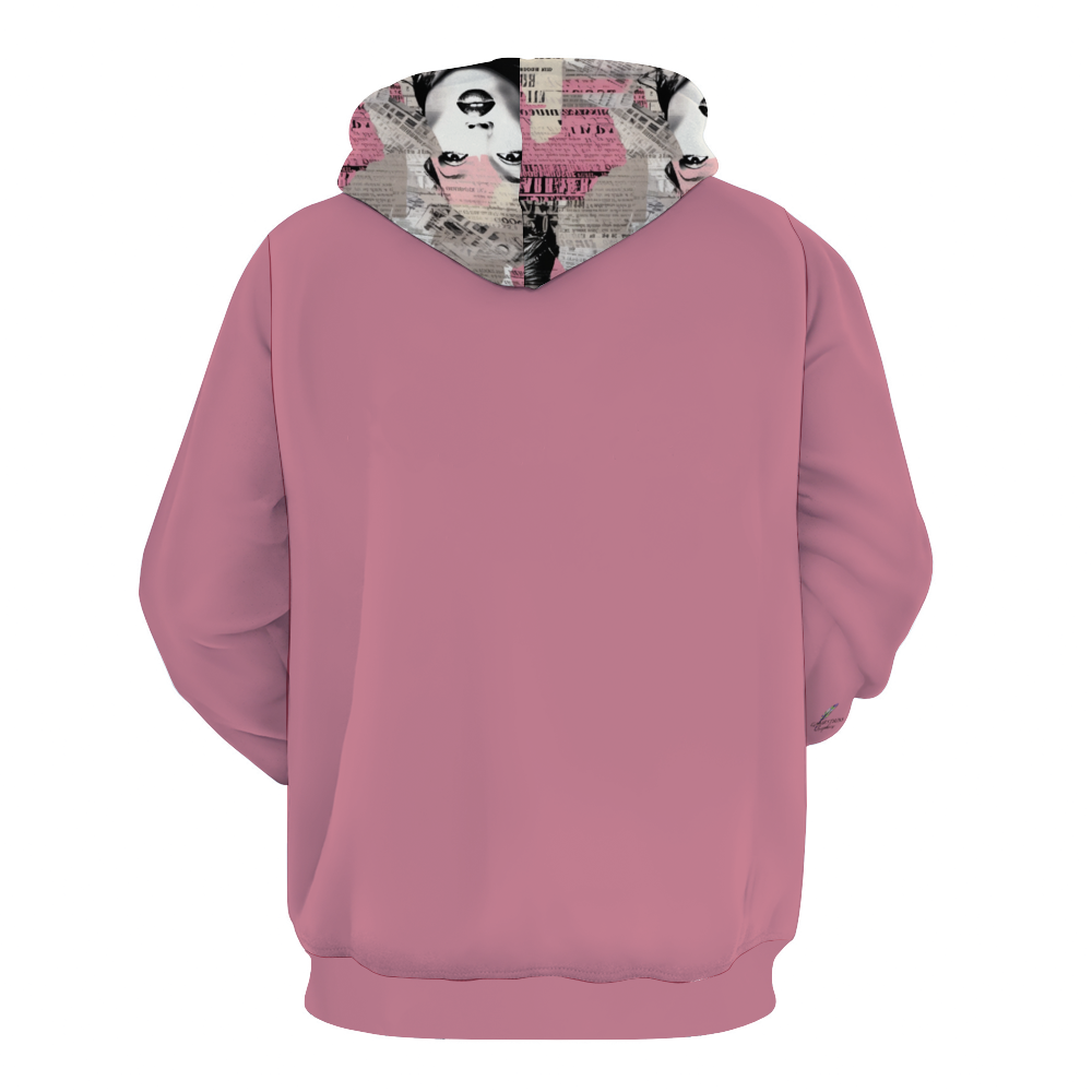 A Pretty Confidential Plush Hoodie with Pockets with pink sleeves and a collage-style design on the body featuring newspaper clippings and a woman's face, perfect for casual style while staying warm and soft.