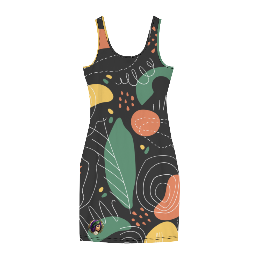 A woman wearing the Autumn Maze Women's Tank Dress, a soft and comfortable black sleeveless dress with unique, abstract multicolored patterns, holds a smartphone in her hand.