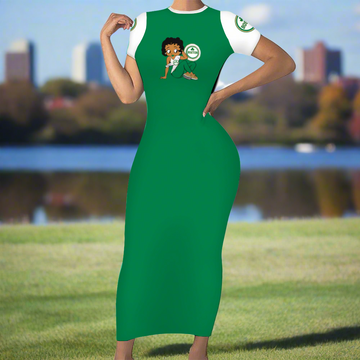Person wearing the Boston Charm Women's Bodycon Pencil Dress - White, featuring a high crew neckline and a cartoon character on the chest.